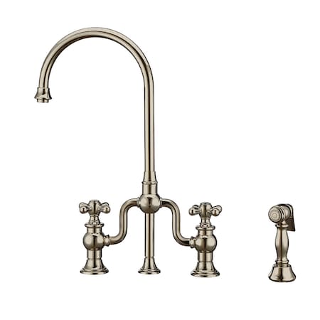 Whitehaus Bridge Faucet W/ Gooseneck Swivel Spout, Cross Handles And Brass Side S WHTTSCR3-9773-NT-PN